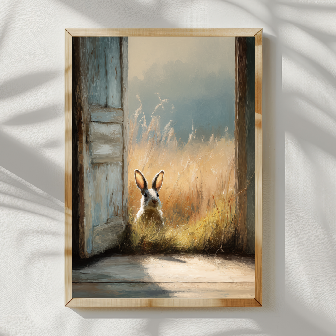 Rustic Wooden Doorway with Gentle Light and Hidden Rabbit Scene. High Resolution Digital Download 300 DPI.