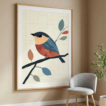 Vibrant Elegance, Colorful Bird Perched on Branch with Striking Gray and Red Leaves. High Resolution Digital Download 300 DPI