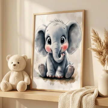Adorable Baby Elephant, Whimsical Watercolor Nursery Art Print. High Resolution Digital Download 300 DPI.