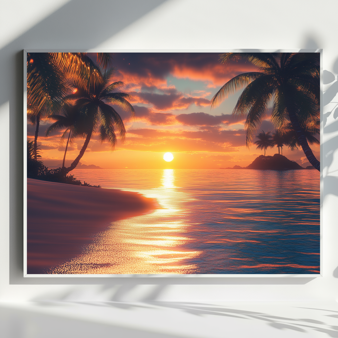 Tropical Paradise Sunset, Realistic Beach Island Palm Trees Wall Art. High Resolution Digital Download 300 DPI.