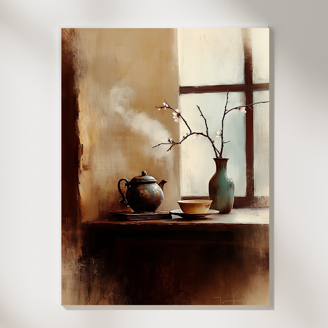 Japanese Desk Tea Set Blossom Wall Art Muted Wet-on-Wet. High Resolution Digital Download 300 DPI.