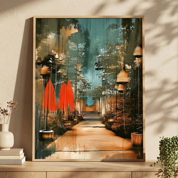 Dreamy painting of a lantern lit forest path lined with tall trees and red banners in teal and amber light