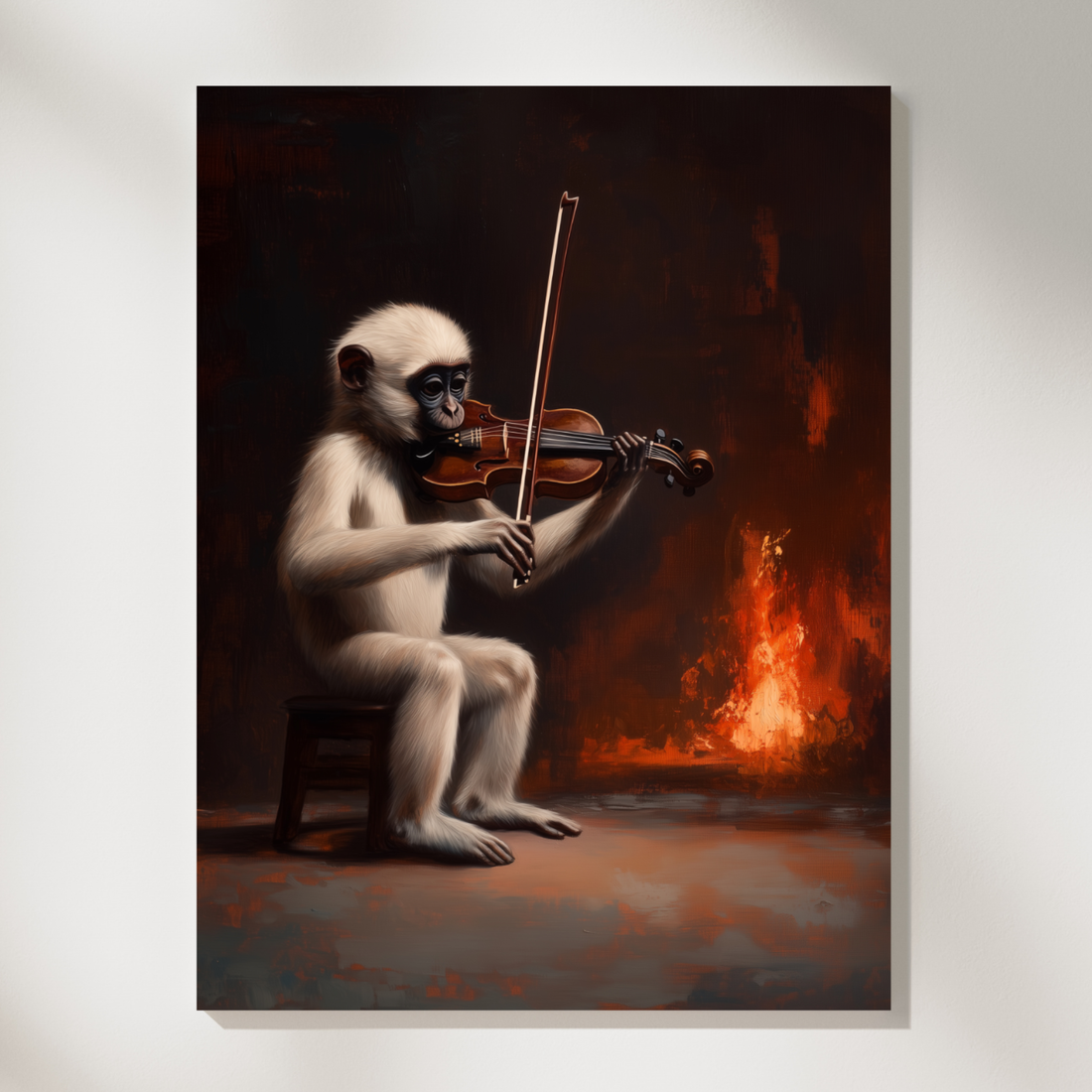 Dramatic Monkey Violin Wall Art Moria Flames Cinematic Oil Painting. High Resolution Digital Download 300 DPI.