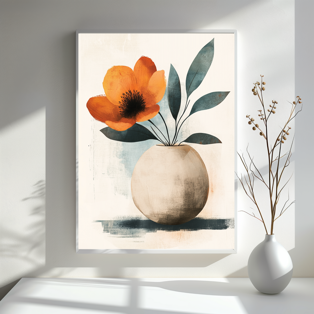 Watercolor Peony Flower Wall Art Off-White Clay Vase Decor. High Resolution Digital Download 300 DPI.
