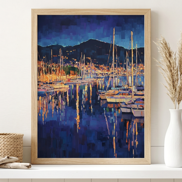 Pixelated Marina Night Oil Painting, Yacht Harbor Wall Art Decor. High Resolution Digital Download 300 DPI.