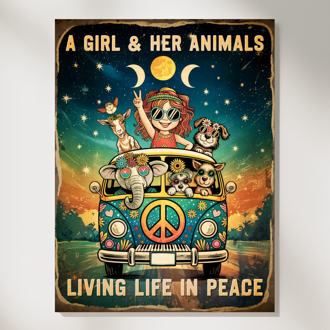 Retro Hippie Van Poster with Girl and Animals in Peaceful Style. High Resolution Digital Download 300 DPI.
