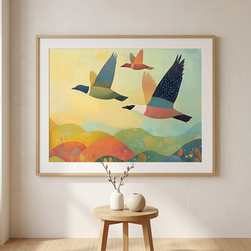 Autumn Migration, Vibrant V-Formation Soars Over Colorful Foliage Landscape. High Resolution Digital Download 300 DPI