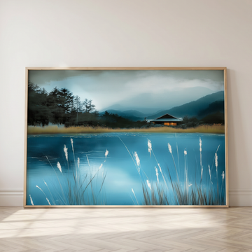 Ethereal Blue Pond, Tranquil Illuminated Landscape Wall Art Print. High Resolution Digital Download 300 DPI.