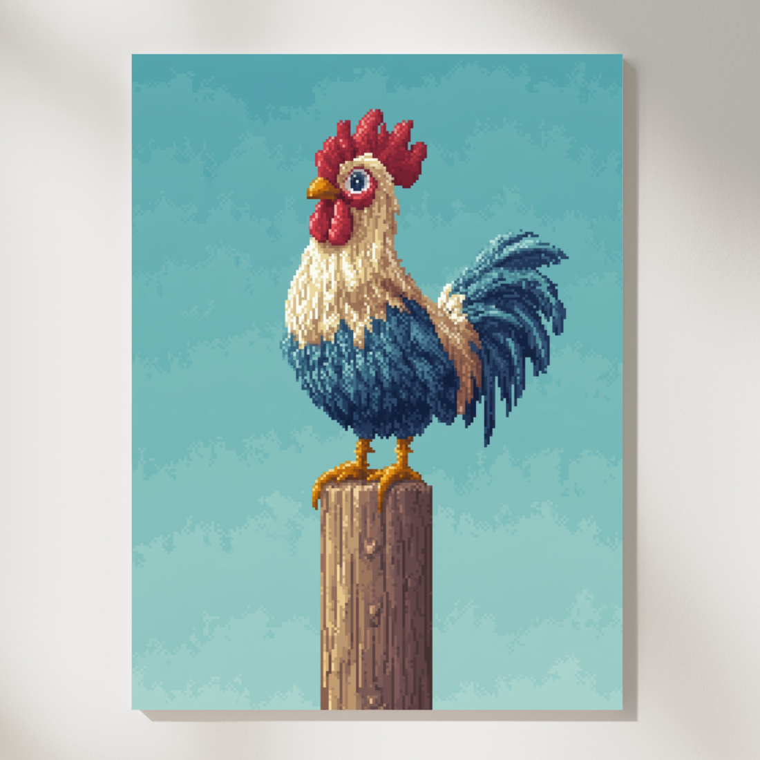 Pixelated Cartoon Rooster Wall Art, Blue Rustic Farmhouse Decor. High Resolution Digital Download 300 DPI.