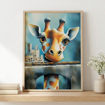 Surreal Robo-Giraffe Cityscape, Cubist Watercolor Greek-Inspired Wall Art. High Resolution Digital Download 300 DPI.