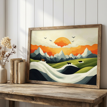 Sunset Serenity, Minimalist Landscape with Cows, Hills, and Snow Capped Mountains. High Resolution Digital Download 300 DPI