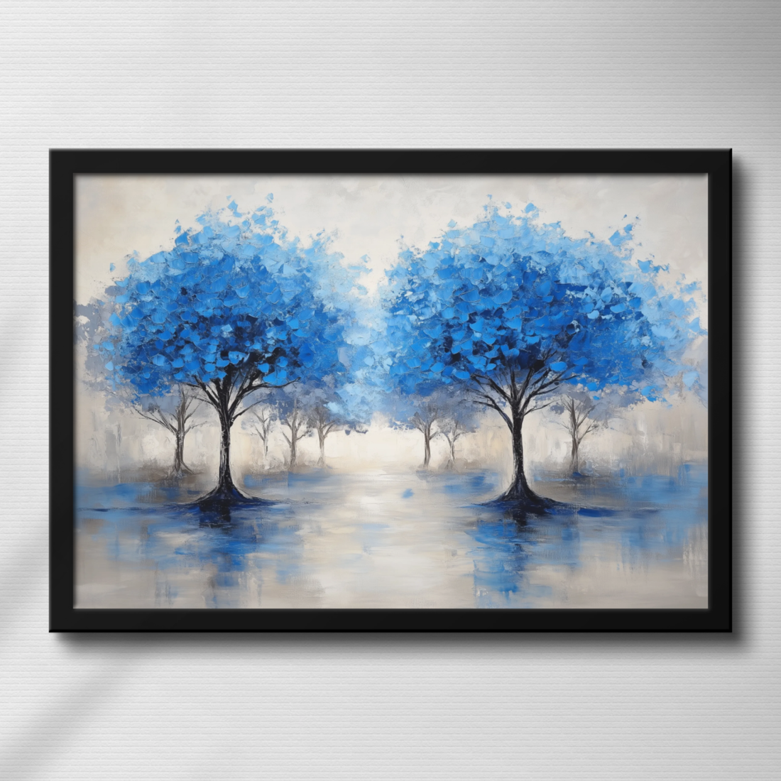 Mystic Reflections, Blue Trees Mirrored in Tranquil Waters Amidst Misty Landscape. High Resolution Digital Download 300 DPI