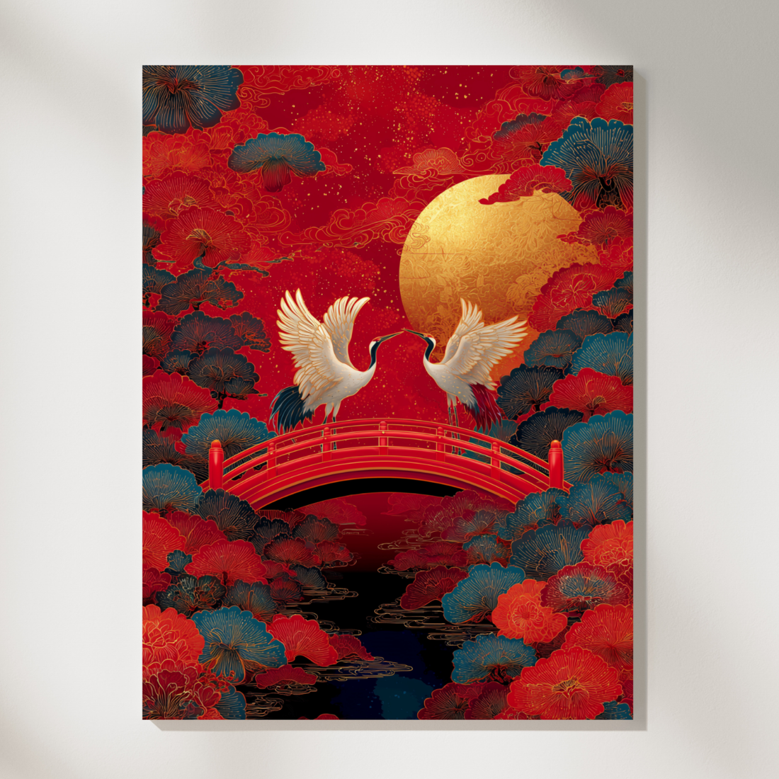 Elegant Lunar Crane Artwork Asian Inspired Festive Wall Art Design. High Resolution Digital Download 300 DPI.