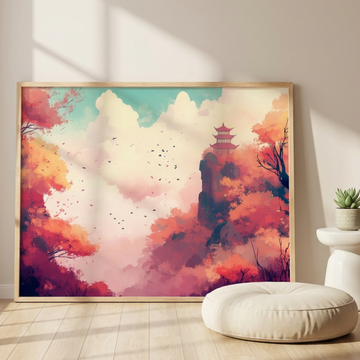 Autumn Serenity, Japanese Pagoda Amidst Vibrant Foliage and Soaring Birds. High Resolution Digital Download 300 DPI
