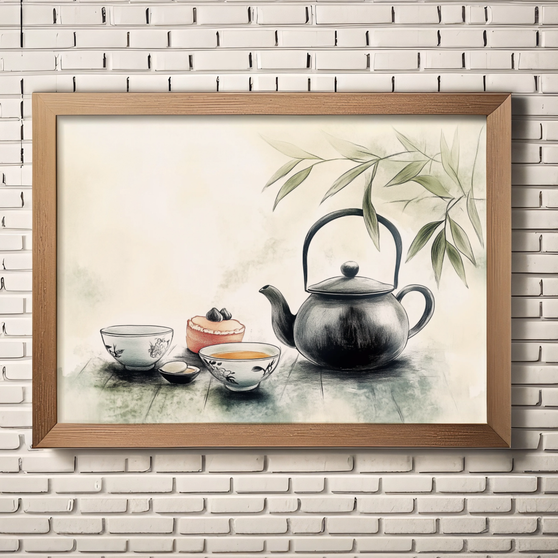 Charming Watercolor Art, Teapot, Cup of Tea, and Cupcake on Rustic Wooden Table. High Resolution Digital Download 300 DPI