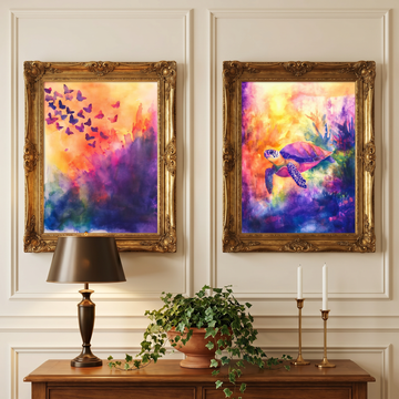 Vibrant Tropical Turtle and Butterfly Canvas, Bold Colorful Beach Art. High Resolution Digital Download 300 DPI.
