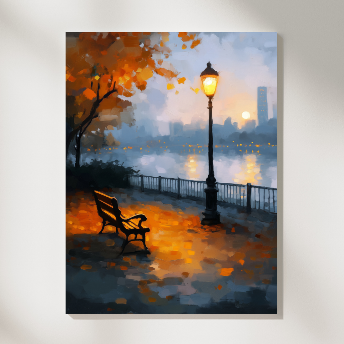 Upper East River Promenade Wall Art Gracie Mansion Autumn Twilight Bench. High Resolution Digital Download 300 DPI.