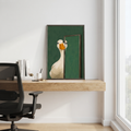 Goose print above a desk with a black chair