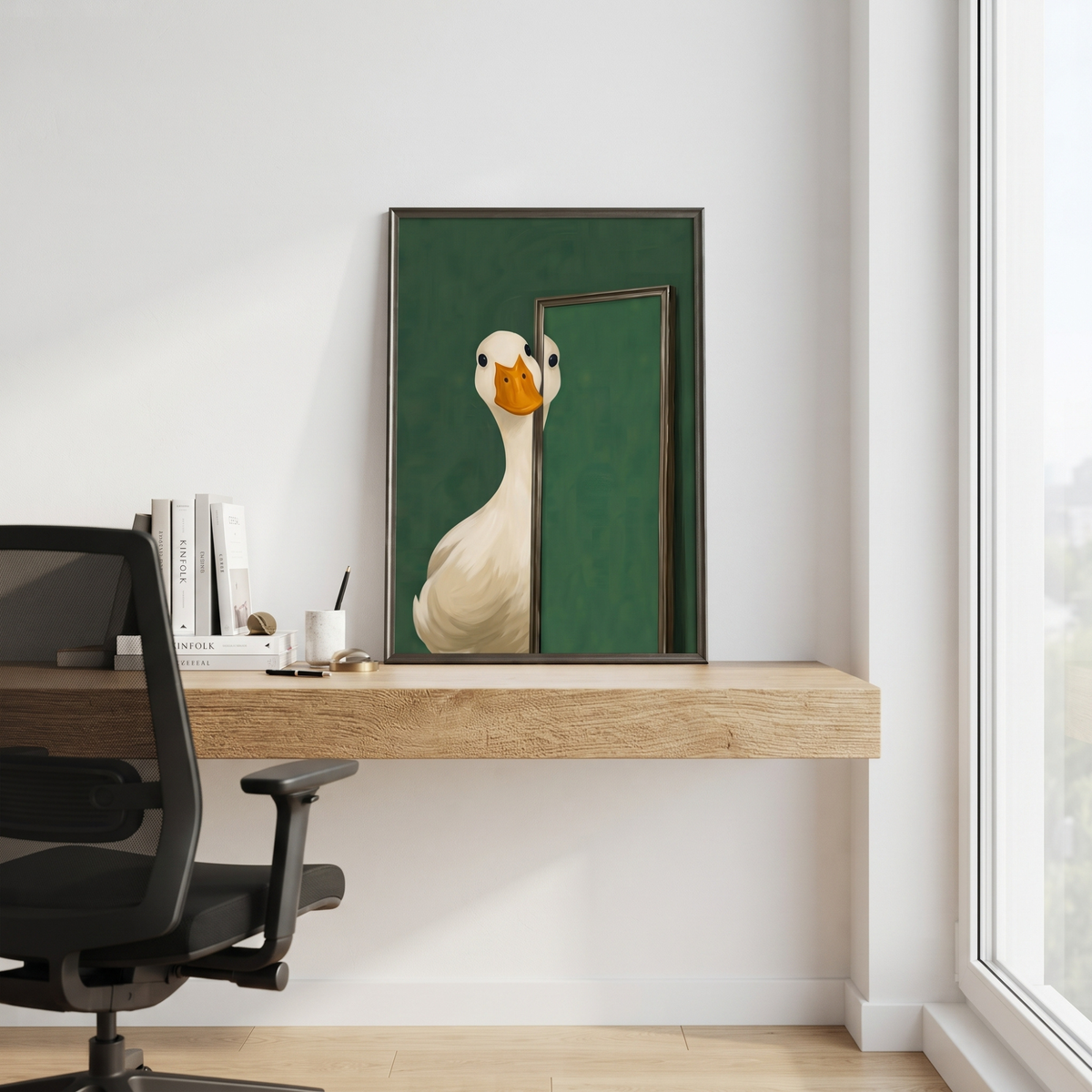 Goose print above a desk with a black chair