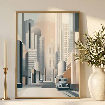 Art Deco Cityscape Wall Art, Geometric Buildings & Vintage Cars Print. High Resolution Digital Download 300 DPI.