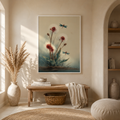 Wildflower and dragonfly print above a bench with pampas