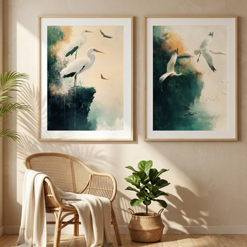 Majestic Herons, Misty Landscapes and Serene Lake Flight Duo. High Resolution Digital Download 300 DPI
