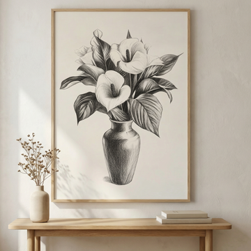 Elegant Botanical Sketch, Clear-Line Floral Vase Art for Nature Lovers. High Resolution Digital Download 300 DPI