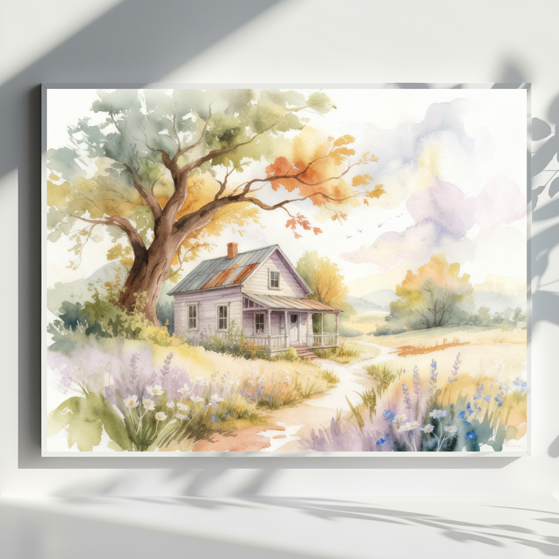 Pastel Countryside Farmhouse Watercolor Landscape Art with Gentle Natural Lighting. High Resolution Digital Download 300 DPI.