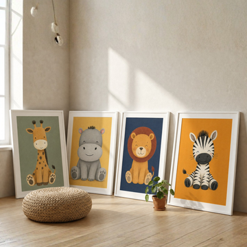 Cute Safari Animals Nursery Wall Art Set Giraffe Lion Hippo Zebra. High Resolution Digital Download 300 DPI