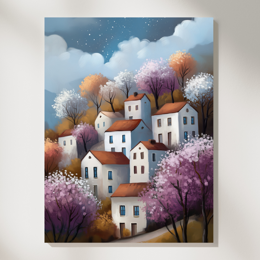 Charming Spring Village Cottages Wall Art Starry Night Landscape. High Resolution Digital Download 300 DPI.