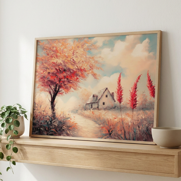 Autumnal Serenity, Vintage Oil Painting of Cottage Nestled in Fall Foliage. High Resolution Digital Download 300 DPI