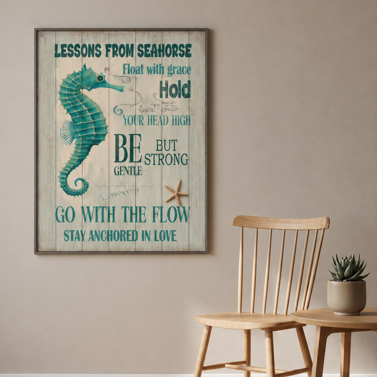 Rustic seahorse print above a wooden chair