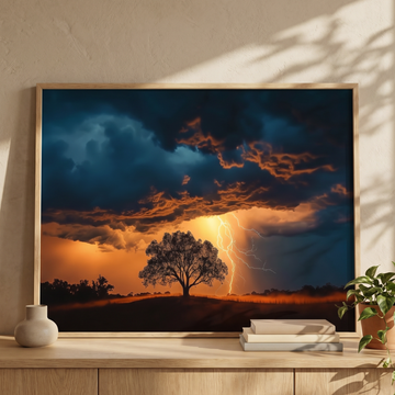 Stormy Sunset Silhouette: Lone Tree on Hill Lightning Landscape Art. High Resolution Digital Download 300 DPI.