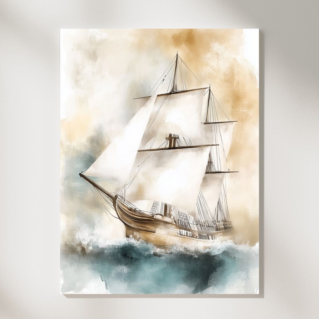 Vintage Sailing Ship Wall Art on Rough Sea Nautical Ocean Scene. High Resolution Digital Download 300 DPI.