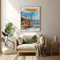 Golden Gate Bridge print above a cream armchair with a monstera plant