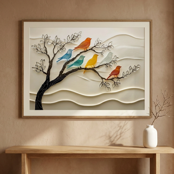 Artistic Harmony, Black Metal Tree Limb with Colorful Sea Glass Birds on Ivory Background. High Resolution Digital Download 300 DPI