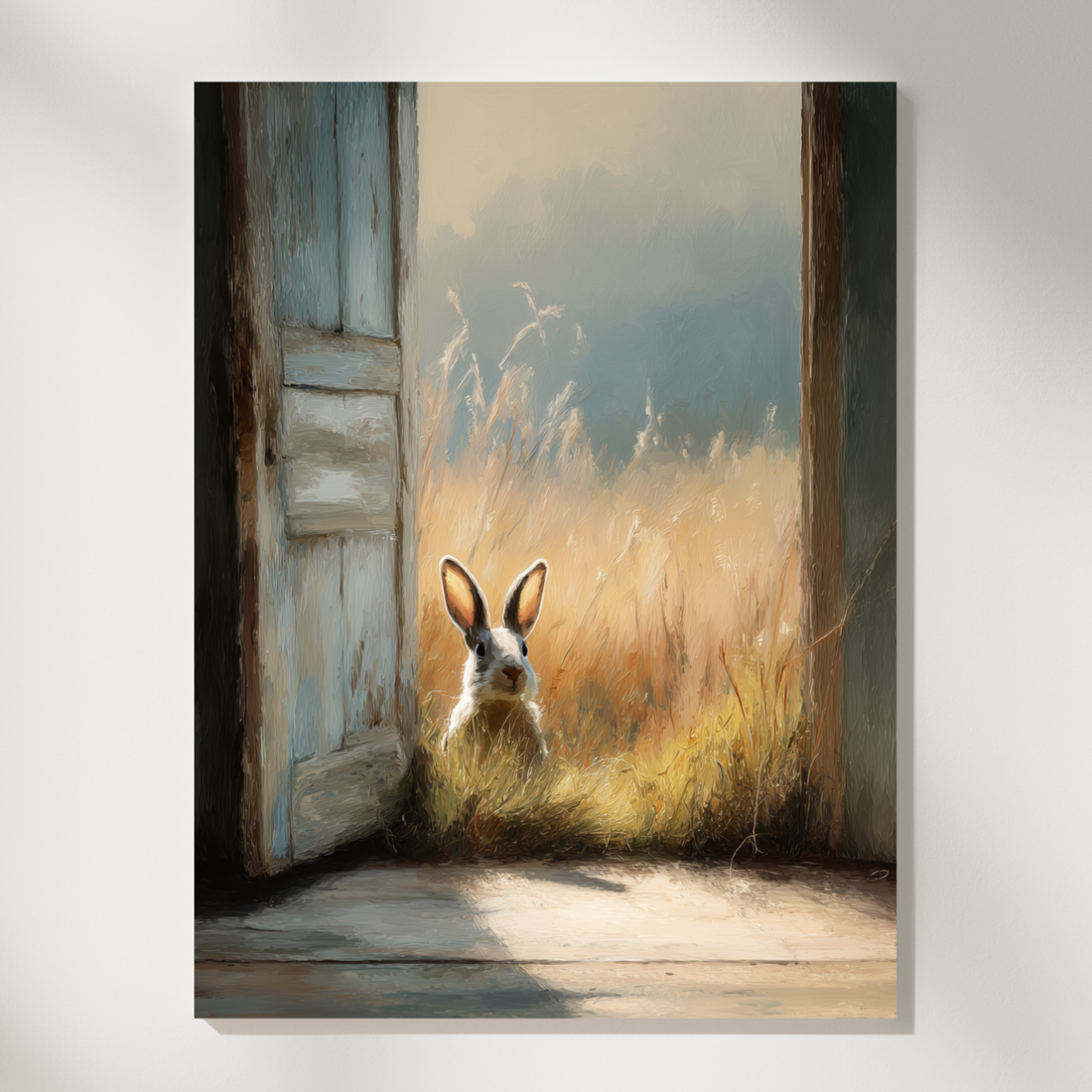 Rustic Wooden Doorway with Gentle Light and Hidden Rabbit Scene. High Resolution Digital Download 300 DPI.
