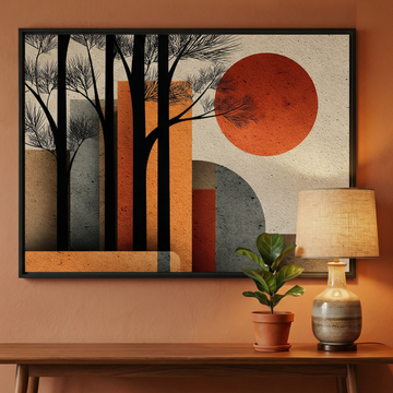 Mid Century Geometric Wall Art with Abstract Trees and Sun. High Resolution Digital Download 300 DPI.