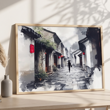 Ancient Japanese Alley Wall Art Ink Painting Style Print. High Resolution Digital Download 300 DPI.