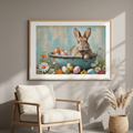 Easter bunny art above a white armchair