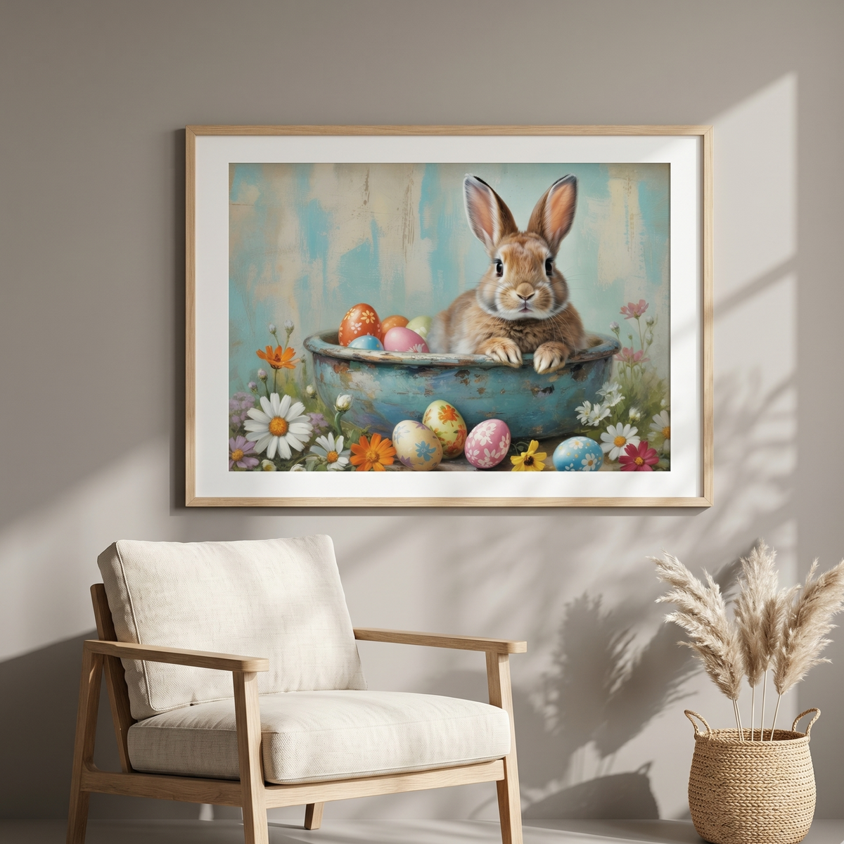 Easter bunny art above a white armchair
