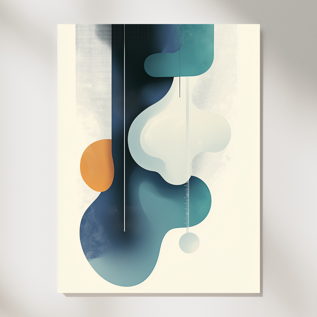 Dynamic Surrealism, Abstract Shapes in Blue, Orange, and Black with Scattered Dots. High Resolution Digital Download 300 DPI