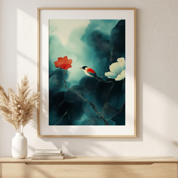 Crimson Serenity, Minimalist Red Bird in Emerald Misty Forest. High Resolution Digital Download 300 DPI