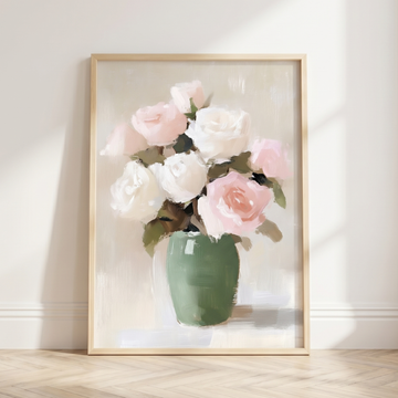 Pastel Pink White Roses Oil Painting Green Vase Minimalist Art. High Resolution Digital Download 300 DPI.