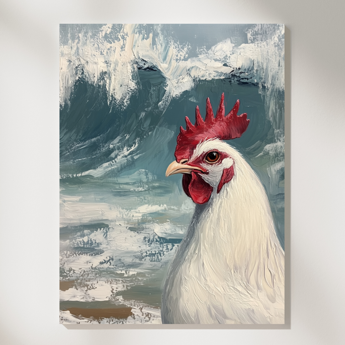 White Chicken Oil Painting, Ocean Waves Farmhouse Animal Wall Art. High Resolution Digital Download 300 DPI.
