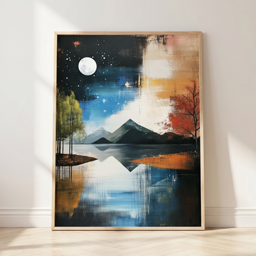Celestial Reflection, Tranquil Lakeside Mountain Forest Starry Night Art. High Resolution Digital Download 300 DPI.