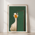 Whimsical vintage nursery art of a white goose peeking out from behind a dark green door