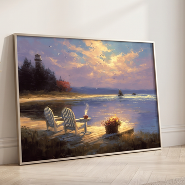 Peaceful Lakefront Art Cozy Dockside Chairs Scenic Decor. High Resolution Digital Download 300 DPI.