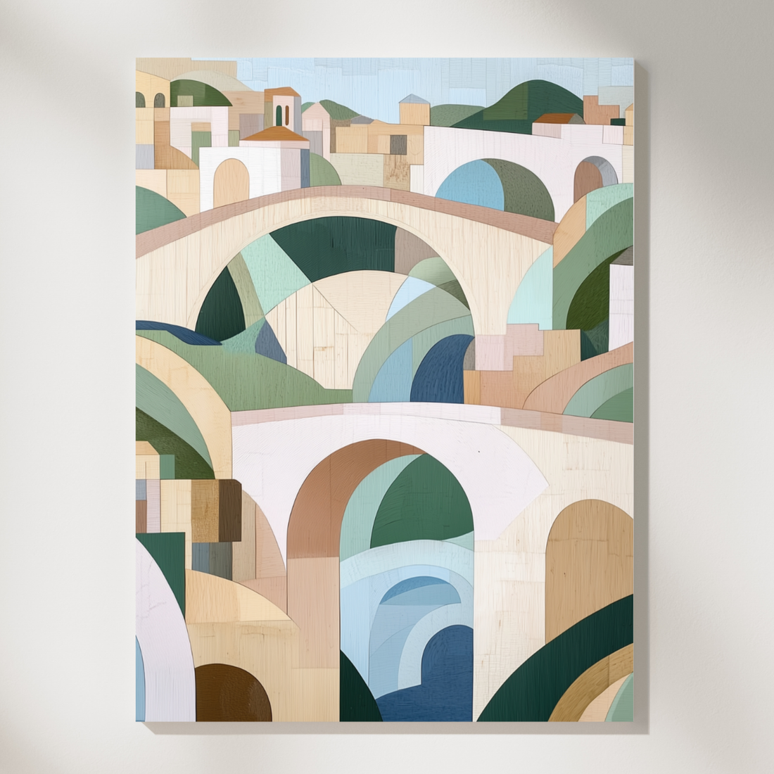 Geometric Wooden Wall Art of Old City in Pastel Tones. High Resolution Digital Download 300 DPI.