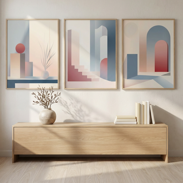Modern Minimalism, Architectural Scene with Geometric Shapes in Pink, Gray, and White. High Resolution Digital Download 300 DPI.